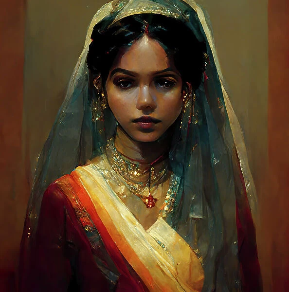 Artwork portrait of beautiful female indian bride in traditional dress