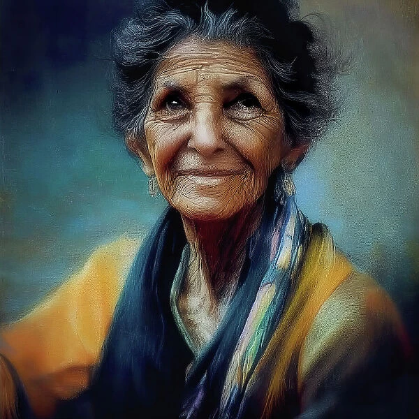 Artwork portrait of a hypothetical distinguished and attractive elderly (70 years) Greek or Mediterranean lady