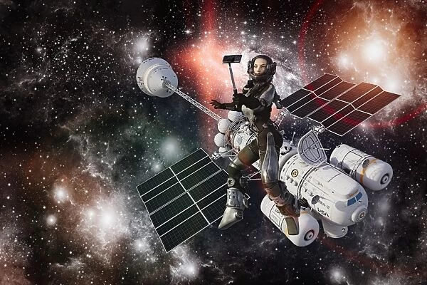 astronaut, cell phone, color image, computer graphic, concept, deep space, digital camera