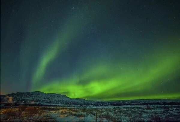 The Aurora borealis near Gullfoss in winter, Iceland