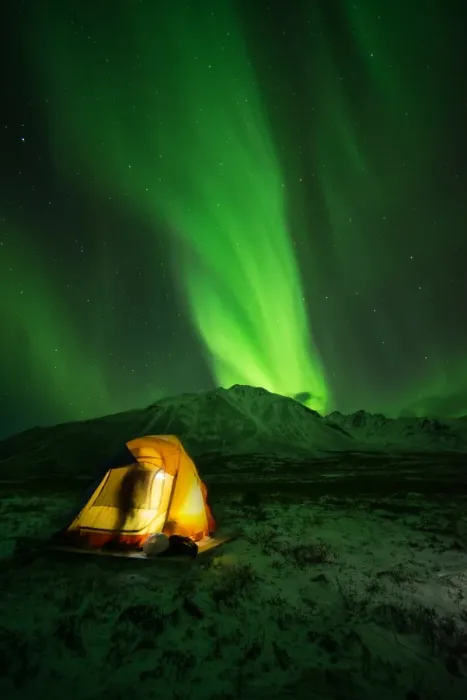 Framed Print : Blow. Aurora Borealis at tombstone mountain with people camping