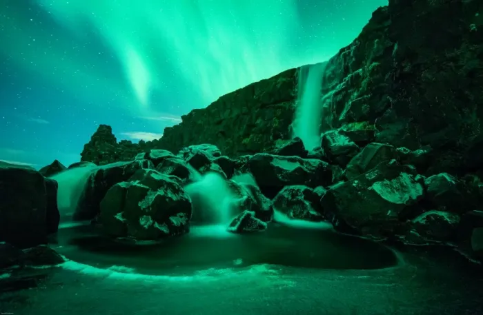 Framed Print : Aurora above Oxarfoss