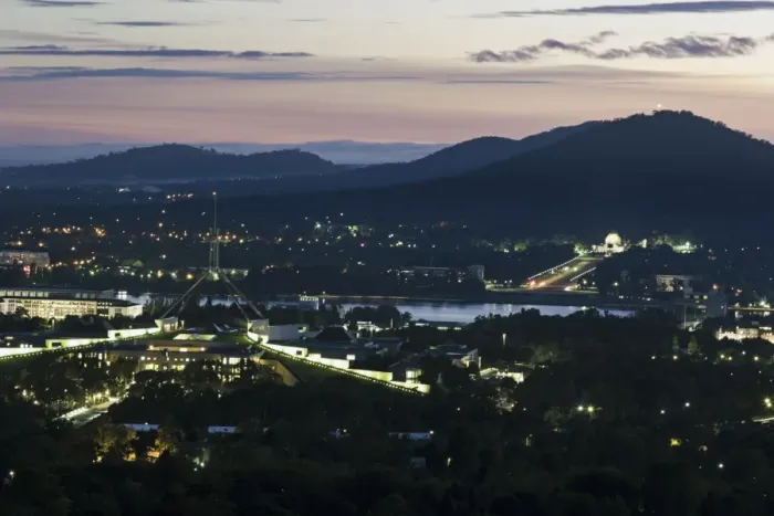 Framed Print : Australia, Canberra, Aerial view of downtown during sunset