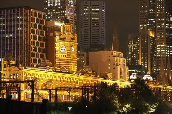Australia, Melbourne, Flinders Street Station, illuminated, night