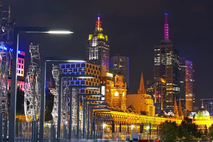 Framed Print : Australia, Melbourne, footbridge on Melbourne skyline Framed Print : Australia, Melbourne, footbridge on Melbourne skyline
