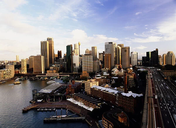 Australia, Sydney, Circular Quay and downtown skyline, aerial view