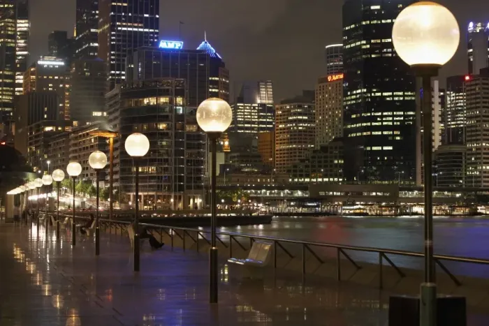 Framed Print : Australia, Sydney, harbour and cityscape, view from promenade, night Framed Print : Australia, Sydney, harbour and cityscape, view from promenade, night