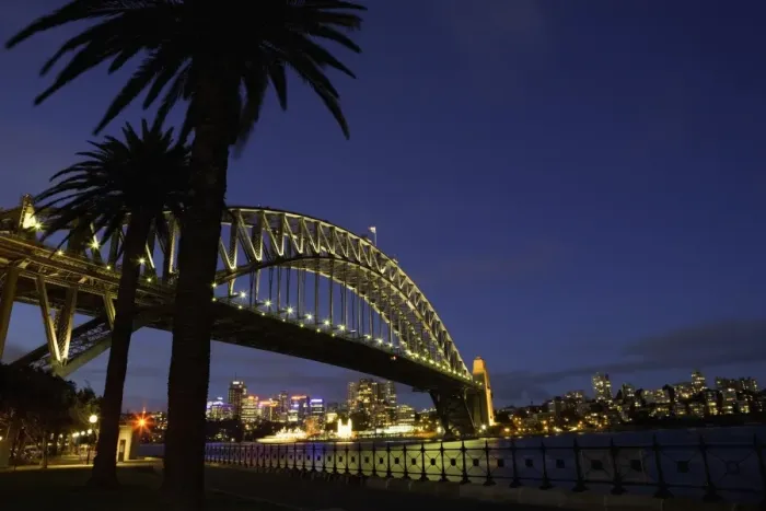 Framed Print : Australia, Sydney, palm trees in front of Harbour Bridge at night Framed Print : Australia, Sydney, palm trees in front of Harbour Bridge at night