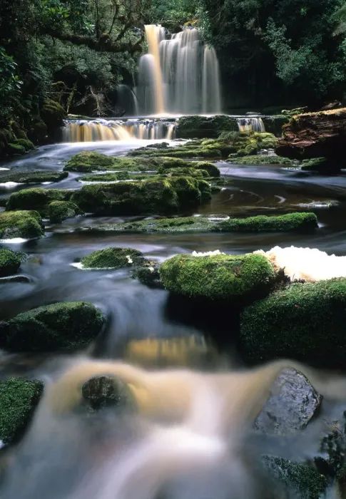 Framed Print : Australia, Tasmania, Wild Rivers National Park, tributary stream flowing from waterfall