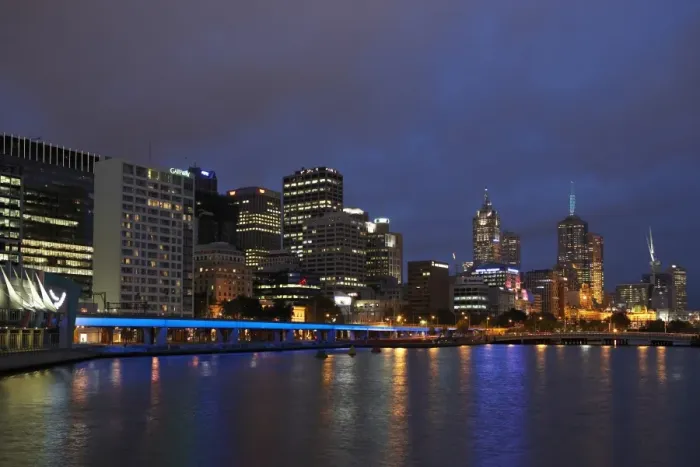 Framed Print : Australia, Victoria, Melbourne city skyline and Yarra River, night