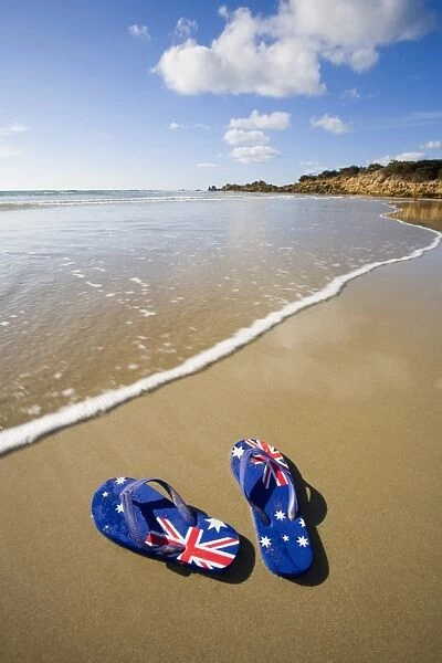 Australian flag thongs on beach For sale as Framed Prints, Photos