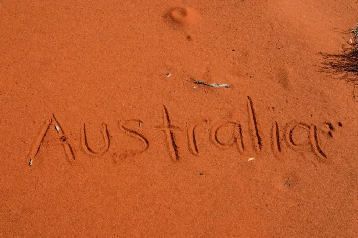 Framed Print : Australian written in red desert sand