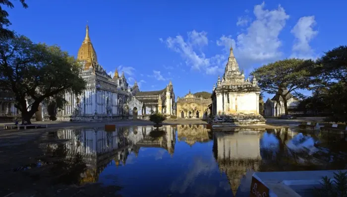 Framed Print : Bagan buddhist temple reflections in water