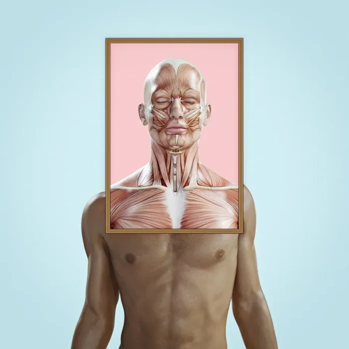 Framed Print : bare chest, blue background, body, chest, close up, color image, concept, copy space
