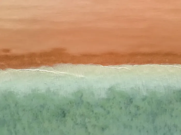 Framed Print : Beach scene in Roebuck Bay shot from a drone point of view, Broome, Western Australia, Australia