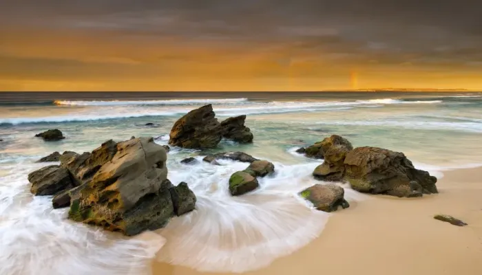 Framed Print : Beach sunrise rainbow