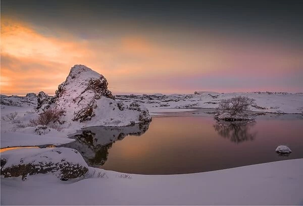 The beautiful and serene lake Myvatn during winter at Dimmuborgir, Iceland