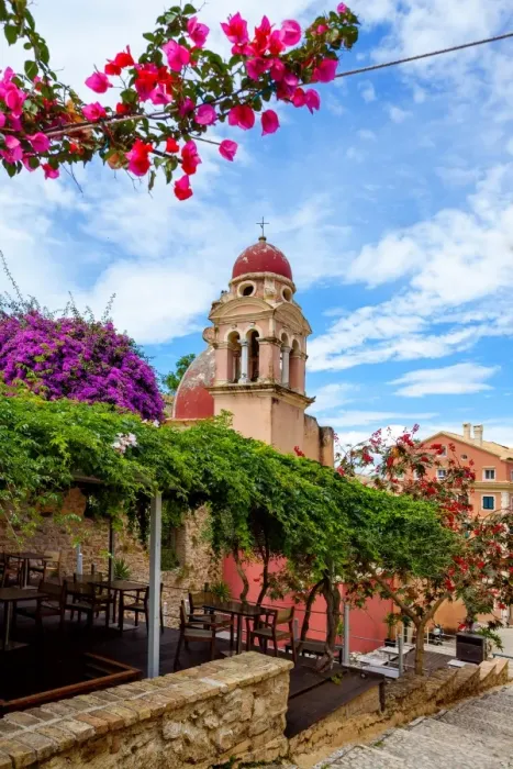 Framed Print : Bell Tower of Tenedos Church Along Dionisiou Solomou, Corfu, Greece
