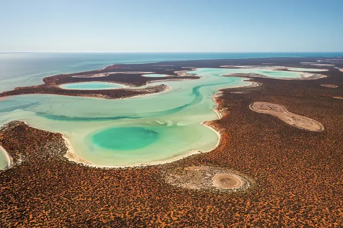 Framed Print : Big Lagoon in Francois Peron National Park shot from an aerial point of view on a sunny day, Shark Bay, Western Australia, Australia