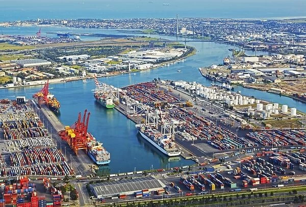 Birds eye view of industrial dockland area of Melbournes Coode Island