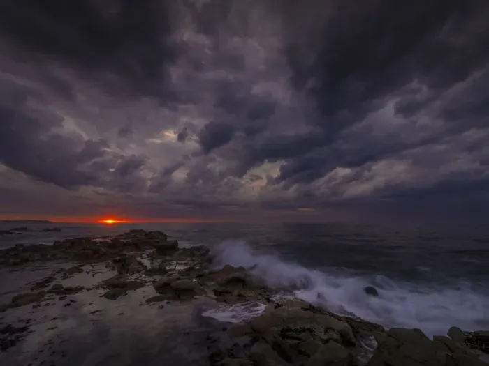 Framed Print : Black beach at dawn, and a dramatic storm filled sky, Bass coast, Victoria, Australia