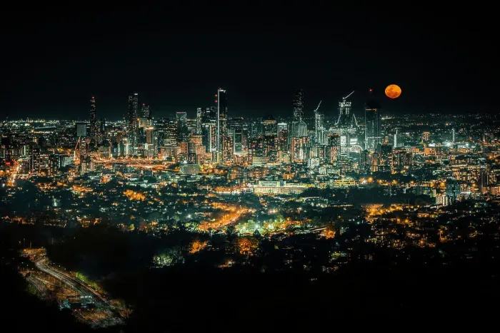 Framed Print : Blood Supermoon Rising from Brisbane City Centre, Queensland, Australia