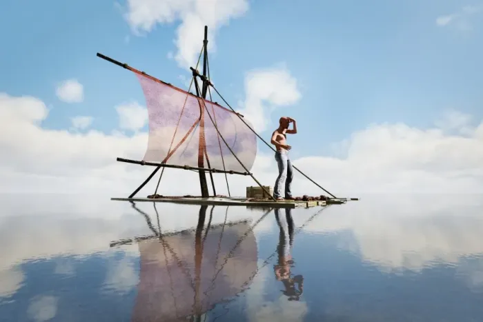 Framed Print : blue, boat, calm, cloud, color image, computer graphic, concept, copy space, digital composite