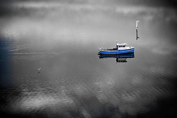 A Blue Boat, in Spot Colour, with a black and White treatment