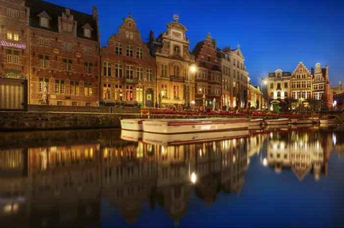 Framed Print : The Blue Hour of Ghent & the Graslei, East Flanders, Belgium, Europe
