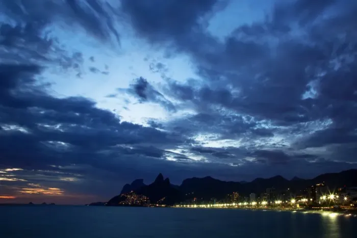 Framed Print : The Blue Hour of Ipanema Beach with Vidigal in the Background, Rio de Janeiro, Brazil, South America Framed Print : The Blue Hour of Ipanema Beach with Vidigal in the Background, Rio de Janeiro, Brazil, South America