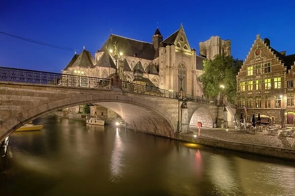 The Blue Hour of Saint Michaels Church & Bridge Along Leie River, Ghent, Belgium