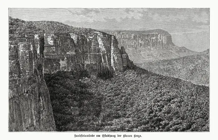 Framed Print : Blue Mountains, New South Wales, Australia, wood engraving, published 1899 Framed Print : Blue Mountains, New South Wales, Australia, wood engraving, published 1899