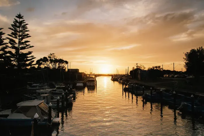 Framed Print : Boats anchored along Mordialloc creek during a beautiful sunset in Melbourne Framed Print : Boats anchored along Mordialloc creek during a beautiful sunset in Melbourne