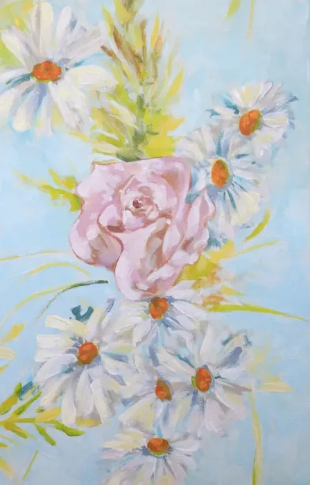 Framed Print : Bouquet of Pink Rose, Daises, and Leaves Framed Print : Bouquet of Pink Rose, Daises, and Leaves