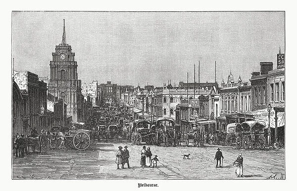 Bourke Street in Melbourne, Victoria, Australia, wood engraving, published 1899