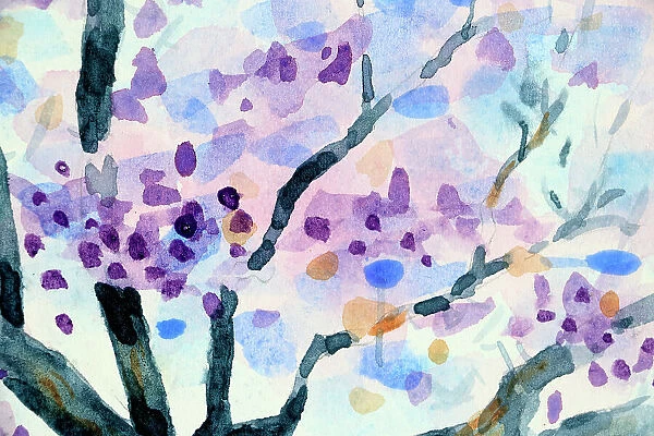 Branches and Flowers Jacaranda Tree Watercolor Painting Detail
