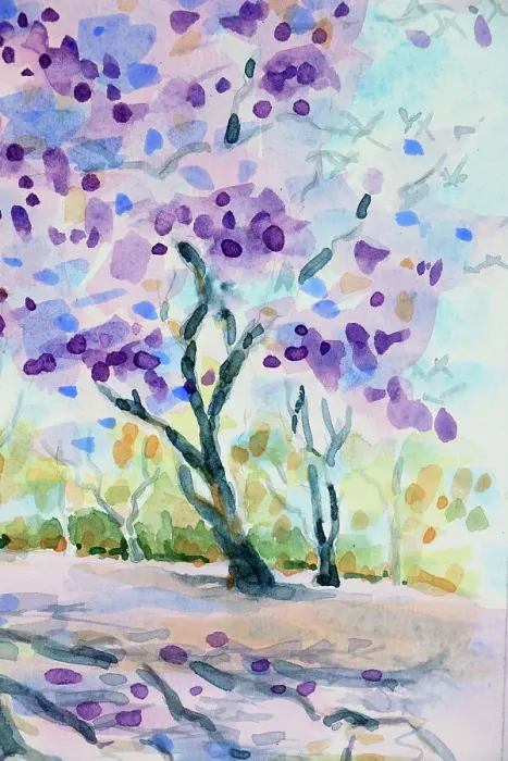 Framed Print : Branches and Flowers Jacaranda Tree Watercolor Painting Detail