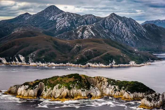 Framed Print : Breaksea Islands, Mt Rugby and Bathurst Harbour, Tasmania