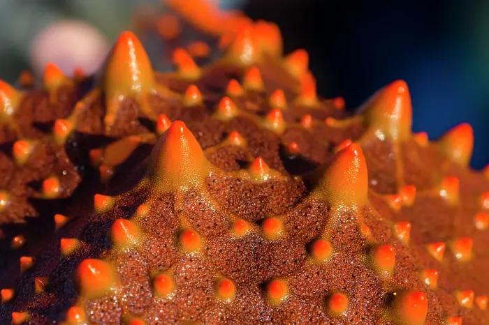 Framed Print : The bright red spiked aboral surface of a Spotted Sea Star