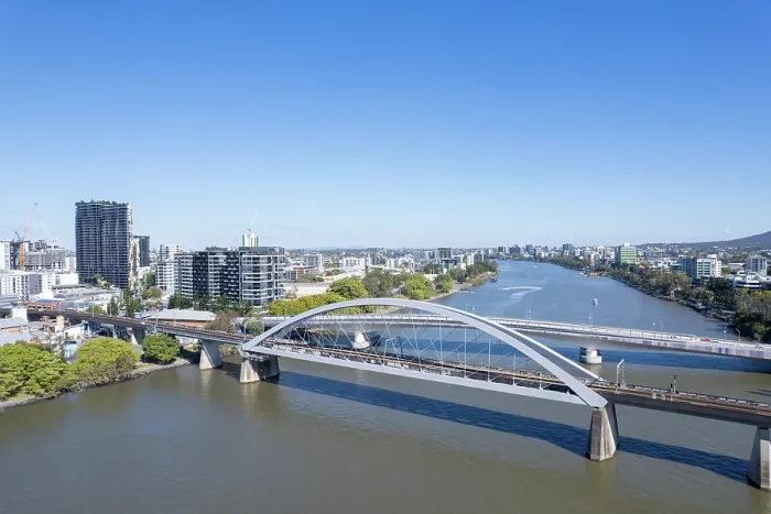 Framed Print : Brisbane city skyline from above Brisbane River