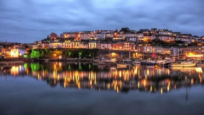 Framed Print : Brixham harbour evening old town reflections Framed Print : Brixham harbour evening old town reflections