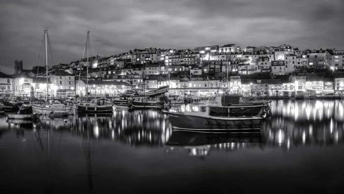 Framed Print : Brixham old town marina reflections at night Framed Print : Brixham old town marina reflections at night