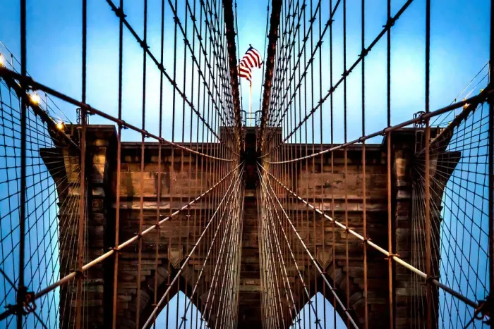 Framed Print : Brooklyn Bridge and the American flag Framed Print : Brooklyn Bridge and the American flag