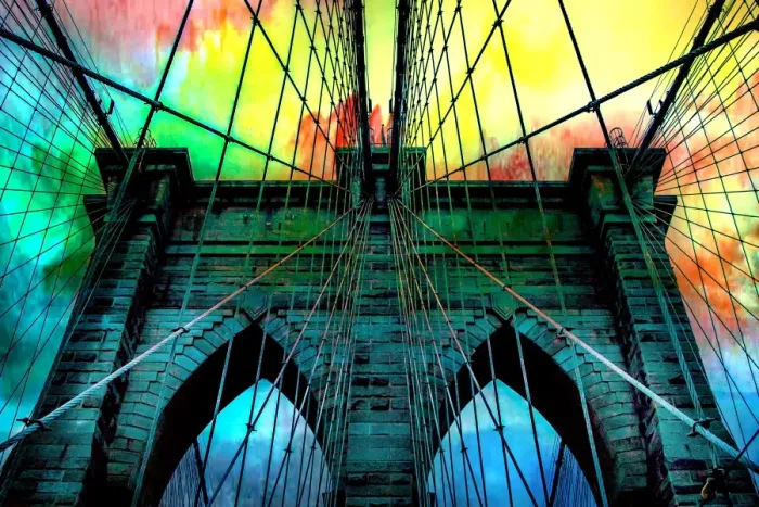 Framed Print : Brooklyn Bridge architecture in rainbow colors
