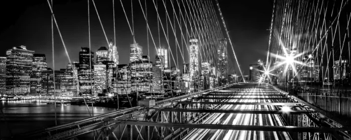 Framed Print : Brooklyn Bridge and Mahanttan skyline at night in black and white