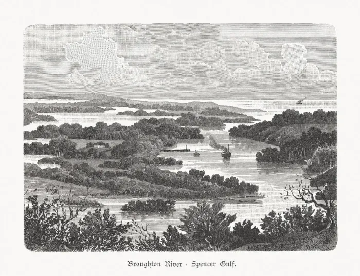Framed Print : Broughton River, Spencer Gulf, South Australia, wood engraving, published 1897
