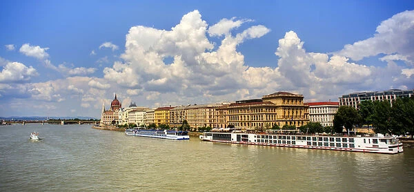 Budapest, Danube river and moored river cruise ships on a sunny afternoon