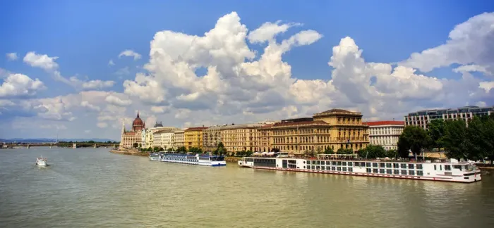 Framed Print : Budapest, Danube river and moored river cruise ships on a sunny afternoon Framed Print : Budapest, Danube river and moored river cruise ships on a sunny afternoon