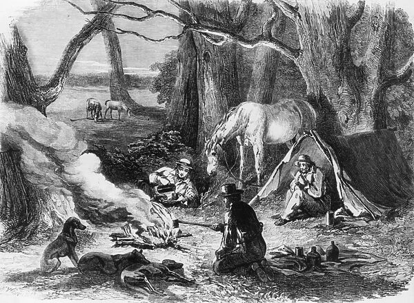 Bush Camp. 20th April 1850: Australians rest around their campfire in the Australian bush
