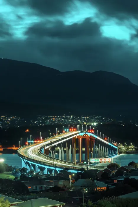 Framed Print : The Car Light Trails on Tasman Bridge at Dusk in Tasmania, Australia Framed Print : The Car Light Trails on Tasman Bridge at Dusk in Tasmania, Australia